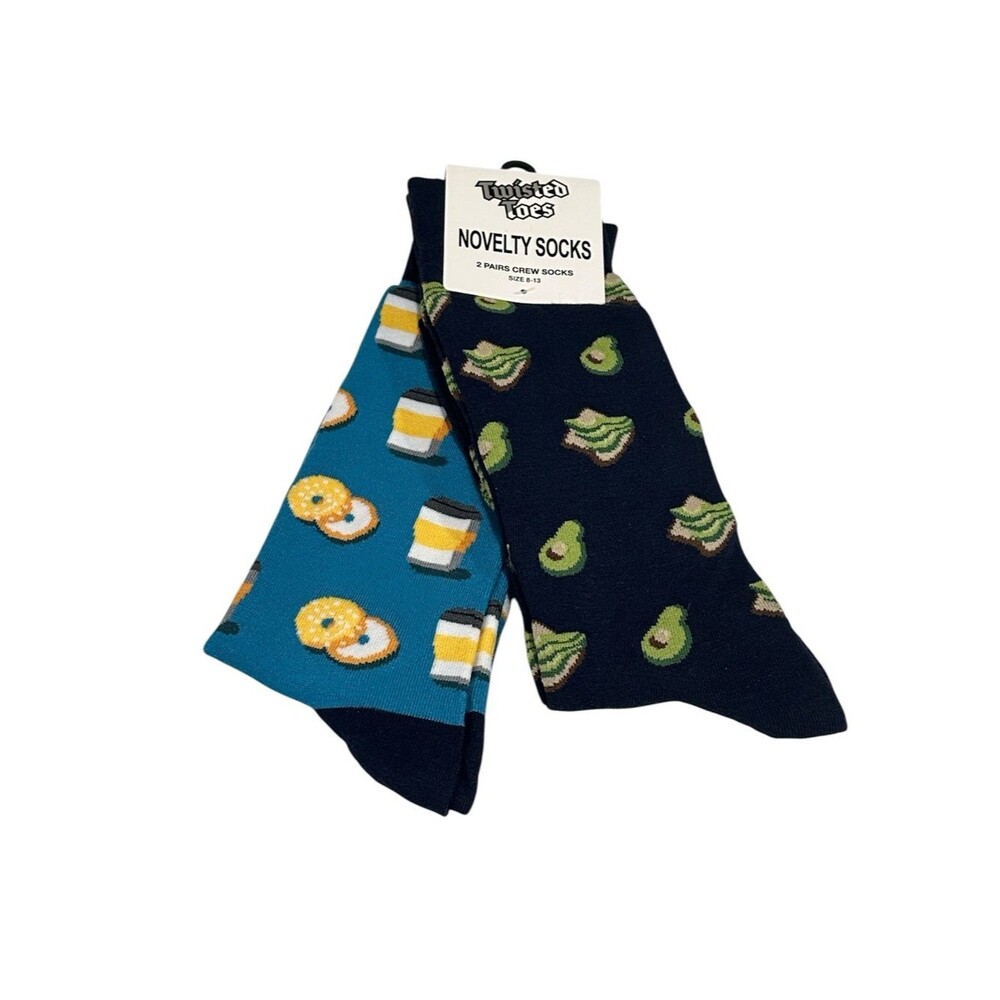 Twisted Toes Crew Socks Mens 8-13 NEW 2 Pair Avocado Toast Coffee Donuts